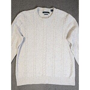 Perry Ellis Cotton Wool Fisherman Knit Sweater Cream M Crew Neck Classic Coastal
